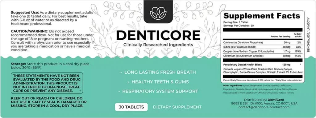 DentiCore supplement facts label — official ingredient list